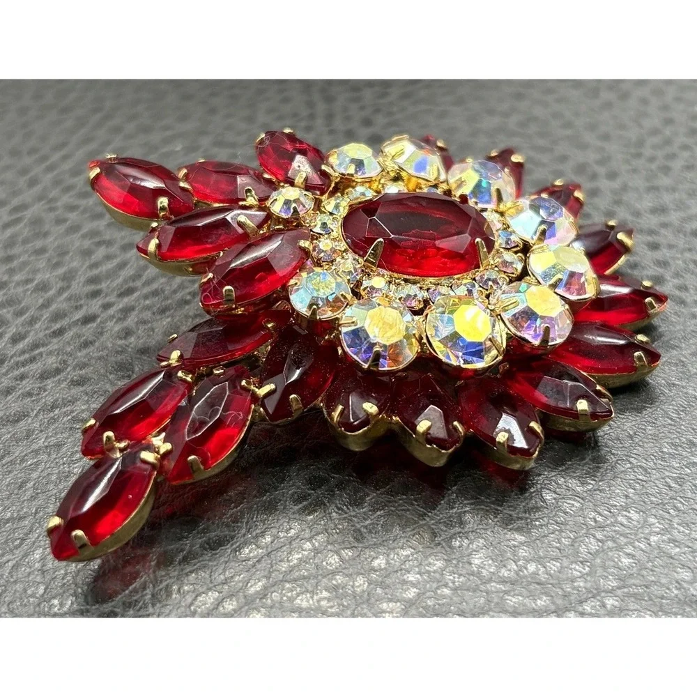 VTG Juliana Red Rhinestone Flower Brooch Aurora Borealis Crystal Gold Tone
